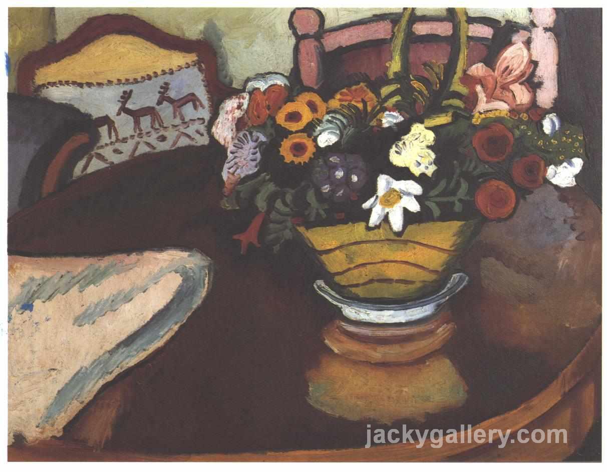 Still life with pillow with deer decor and a bouquet, August Macke painting